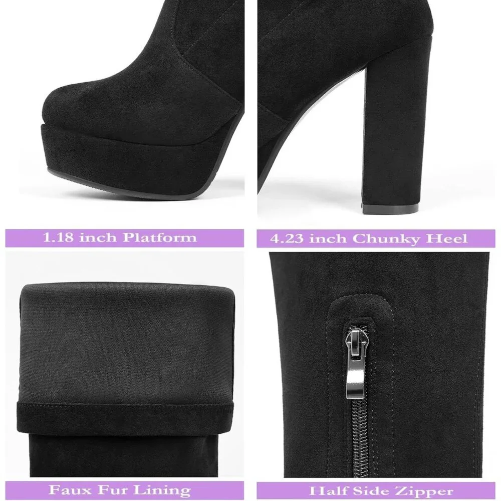 Women Black-sc-suede Synthetic Chunky Heel Side Zipper Thigh High Western Boots